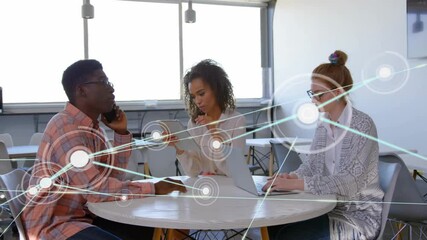 Poster - Animation of network of connections with icons over diverse colleagues discussing work in office