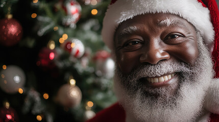 Smiling Black Santa Claus in Front of a Beautifully Decorated Christmas Tree