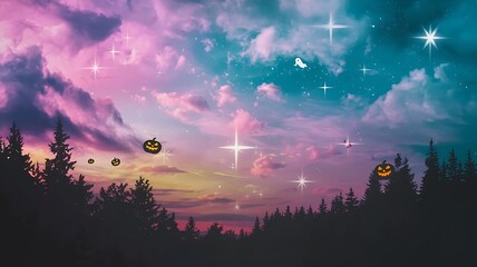 Silhouettes of trees against a magical pink and blue sky with glowing pumpkins, a perfect Halloween background. 
