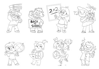 Poster - Children at school classes. Back to School. Math, geography, chemistry, drawing, physical education. Black and white cartoon character. Vector illustration. Coloring book. Outline set