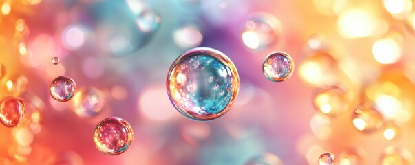 Poster - Colorful soap bubbles floating in abstract background, vibrant light and color concept
