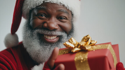 Smiling Black Santa Claus in Front of a Beautifully Decorated Christmas Tree