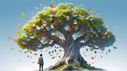 Wall Mural - stylized tree with colorful books and leaves: 3d rendering of growth and knowledge generative ai