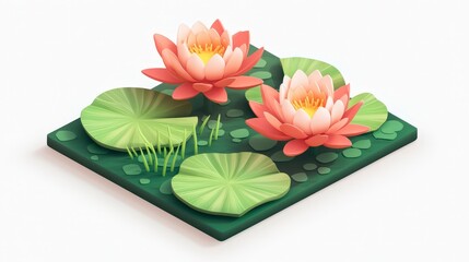 Peaceful Summer Pond - Minimalistic 2.5D Isometric Illustration with Lotus Flowers on White Background