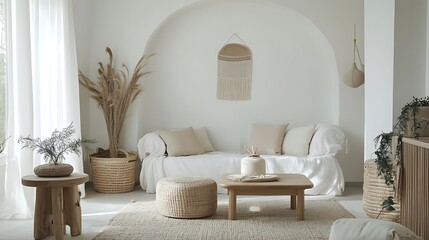Poster - Bohemian-Style Living Room with Light Wooden Furniture, Neutral Textiles, and Minimalist Boho Decor