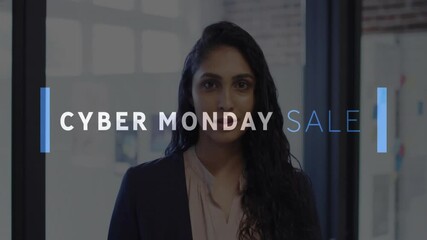 Sticker - Animation of cyber monday sale text over biracial businesswoman smiling