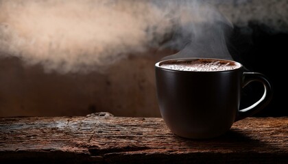  A black cup filled with hot chocolate, a swirl of steam drifting upward, set on a dark woode