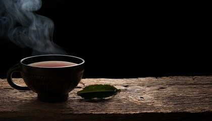 A black tea cup with a wisp of steam rising, placed on a weathered wooden plank, a single te 