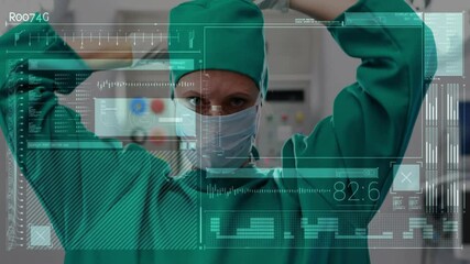 Poster - Animation of data processing over caucasian female surgeon wearing face mask