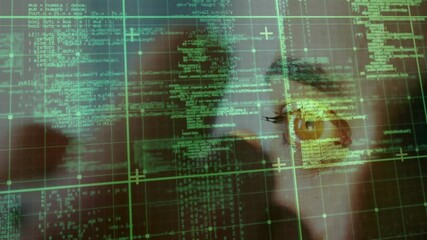 Poster - animation of network of connections and data processing over biracial woman during eye test