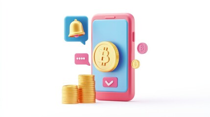 Aufkleber - digital money alert - 3d mobile phone vector illustration with coins and alarm bell for messaging ap