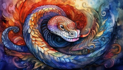 Wall Mural - A snake curled into a spiral shape, centered on a gradient background that transitions from