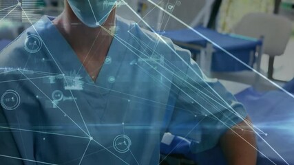Poster - Animation of network of connections over biracial female surgeon with face mask
