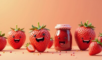 Wall Mural - A fun and vibrant illustration of cheerful strawberries and a smiling jar of strawberry jam, perfect for food-related designs, marketing, or children's products.