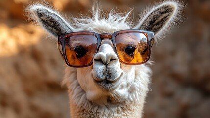 A white alpaca wearing brown sunglasses looking at the camera with a funny expression.