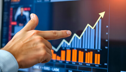 Wall Mural - A person's hand pointing at a graph showing an upward trend on a digital display, indicating business growth or financial success