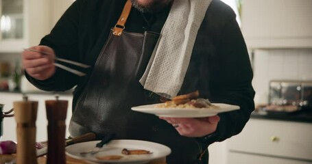 Canvas Print - Hands, chef and man with food, lunch and prepare for service, healthy meal and professional. Closeup, home and person with plate, pot and cooking with nutrition, ingredients and recipe for dinner