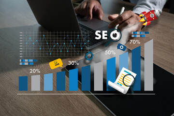 Poster - using a laptop to create seo (search engine optimization) material technology for business marketing