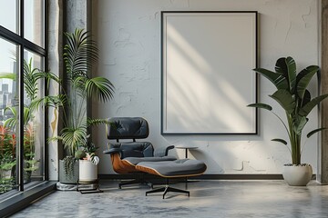 Wall Mural - Modern Living Room with Lounge Chair and Empty Canvas