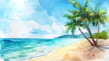 Watercolor painting of a tropical beach scene with palm trees and blue sky.