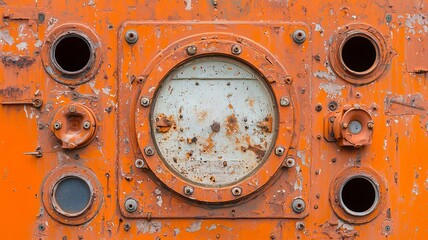 A close-up view of an industrial orange panel featuring various circular openings and a weathered circular window.