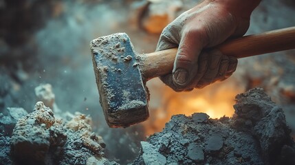 A hand holding a sledgehammer strikes a concrete surface, sending up dust and debris.