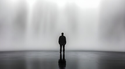 A solitary figure stands against a misty background, embodying solitude and contemplation in a serene atmosphere.