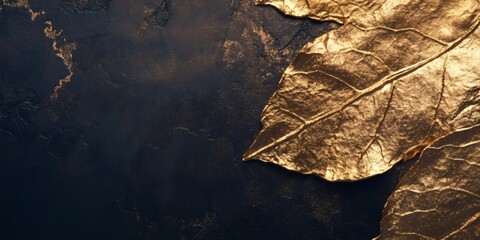 Two gold leaves on black textured background with copy space.