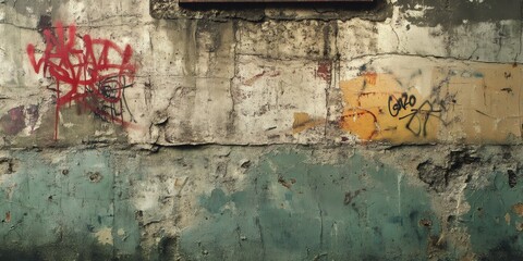 Weathered and distressed concrete wall with red and black graffiti.