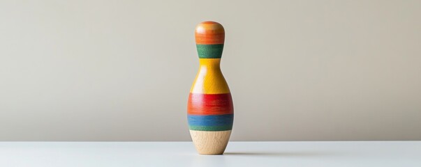 Colorful wooden bowling pin on white surface, minimalist composition. Toy design and simplicity concept