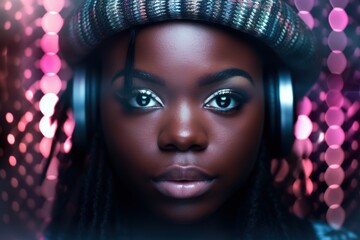 Wall Mural - Confident young woman with striking makeup and headphones