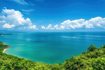 Landscape beautiful summer panorama wide horizon look viewpoint shore open sea beach cloud clean and blue sky background calm nature ocean wave water nobody travel at thailand chonburi sun day, ai