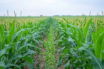 Wall Mural - Panoramic view of corn field plantation growing up , ai