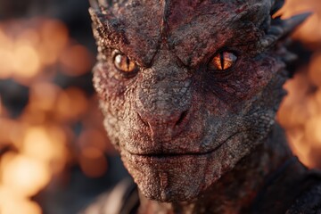 Poster - Close-up of a fierce dragon's face with glowing red eyes