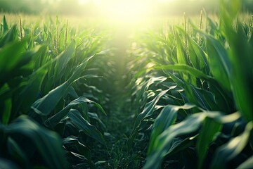 Wall Mural - Panoramic view of corn field plantation growing up , ai