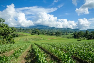 Wall Mural - Panoramic view of corn field plantation growing up , ai