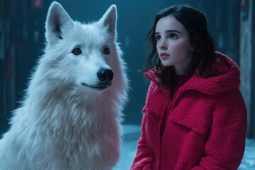 Poster - young woman in red coat standing next to white dog in snowy scene