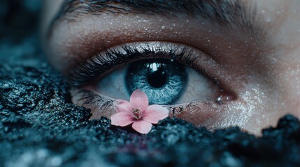 Wall Mural - close-up of a human eye with a pink flower