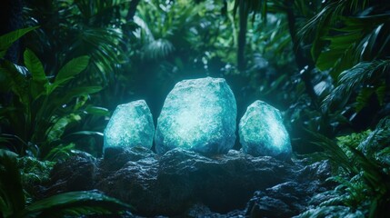 Poster - Glowing turquoise rocks in lush tropical jungle