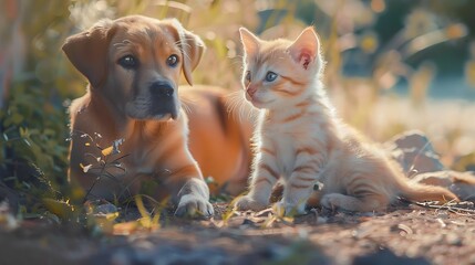 Canvas Print - A playful puppy and a curious kitten sitting together in a natural setting.