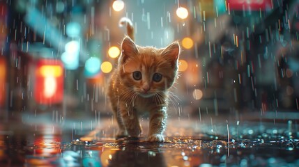 Canvas Print - A kitten walks through a rainy urban street, illuminated by colorful lights and reflections.