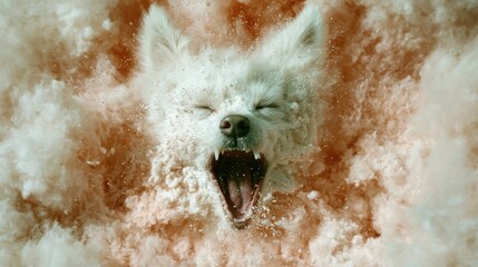 Poster - Angry white dog with open mouth in snow