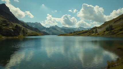 A serene lake surrounded by mountains under a blue sky with fluffy clouds reflecting on the water.