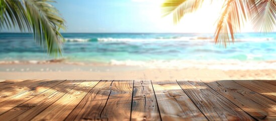 Desk Of Free Space And Summer Blurred Background Of Beach