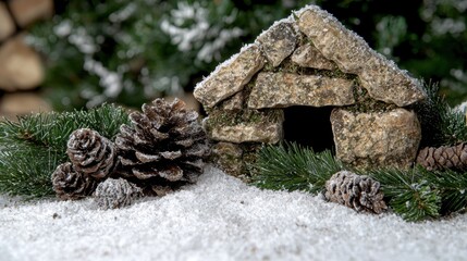 Poster - winter wonderland scene with pine cones and rocks