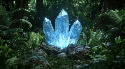 Wall Mural - Glowing crystal formation in lush jungle landscape