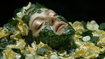 Poster - serene woman's face covered in leaves and flowers