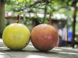 Passion fruit on a wooden table