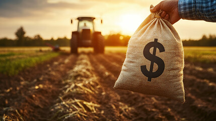 Close-up of a farmer's hand holding a money bag with a dollar sign, against the background of a tractor plowing a field in the sunset light