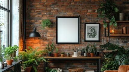 Wall Mural - Modern loft interior with brick wall, plants, and a blank frame for mockup.